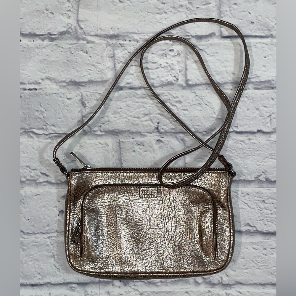 Fossil Shoulder Bags Brown Leather Metallic Silver Crackle Finish